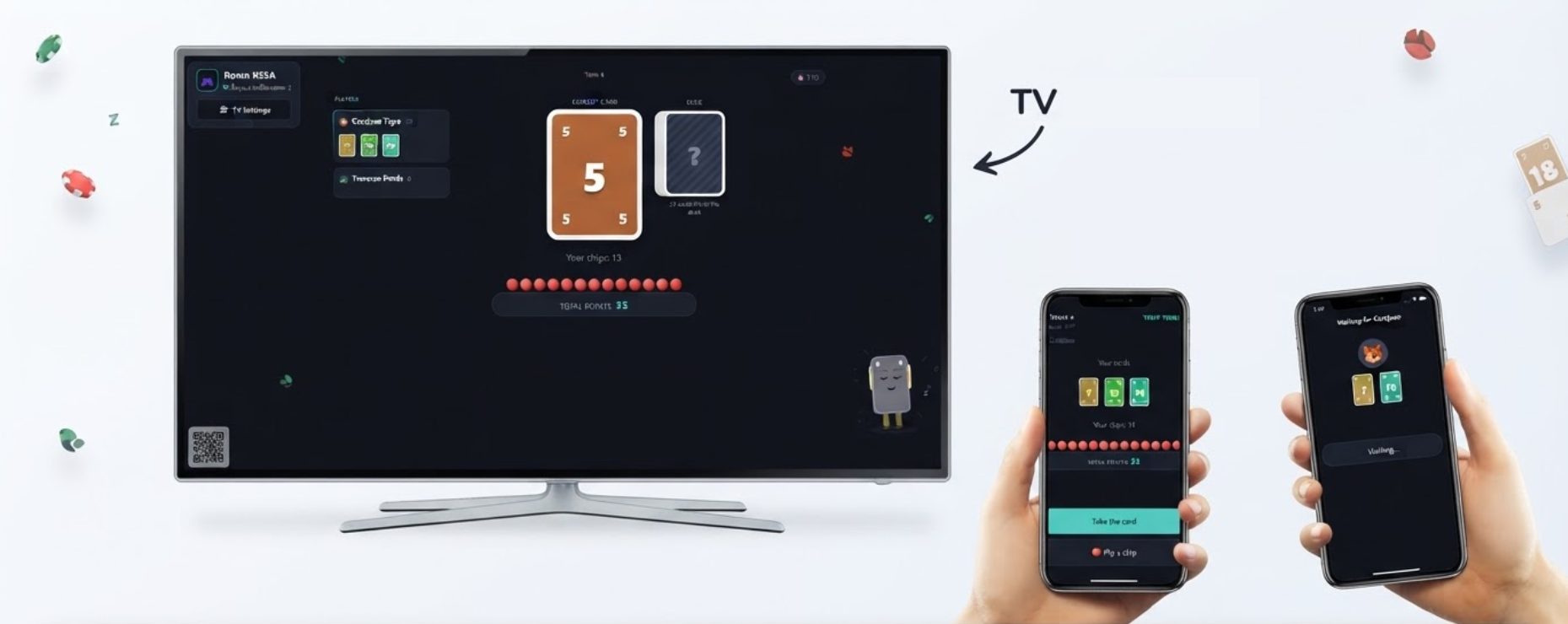 Uma TV mostra o tabuleiro do jogo, ligada sem fios aos telemóveis dos jogadores